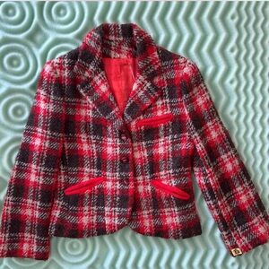 Curly Mohair Red Orange and Brown Plaid Women's Blazer